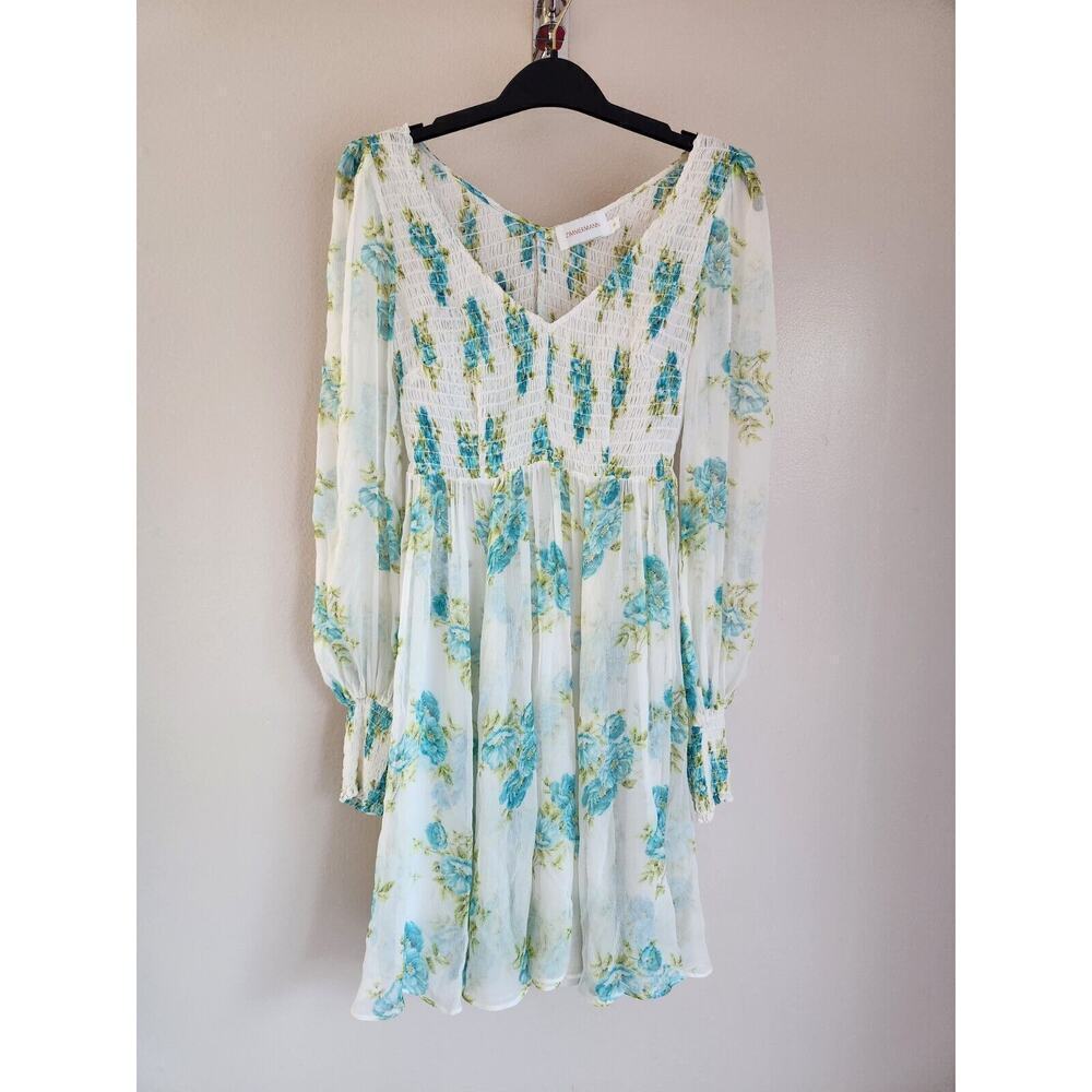 Zimmermann Smocked Silk Floral Mini Dress Size 0 (US 4) Long Sleeve FC411 - Picture 2 of 13